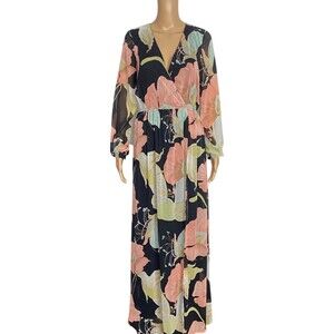 Wondrous Water Lilies Black Floral Print Maxi Dress Size Small
